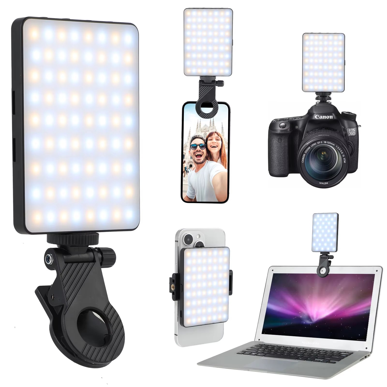 Selfie Light with Front & Back Phone Clip, 72 LED Rechargeable Video Light for Phone Iphone Ipad Laptop Camera